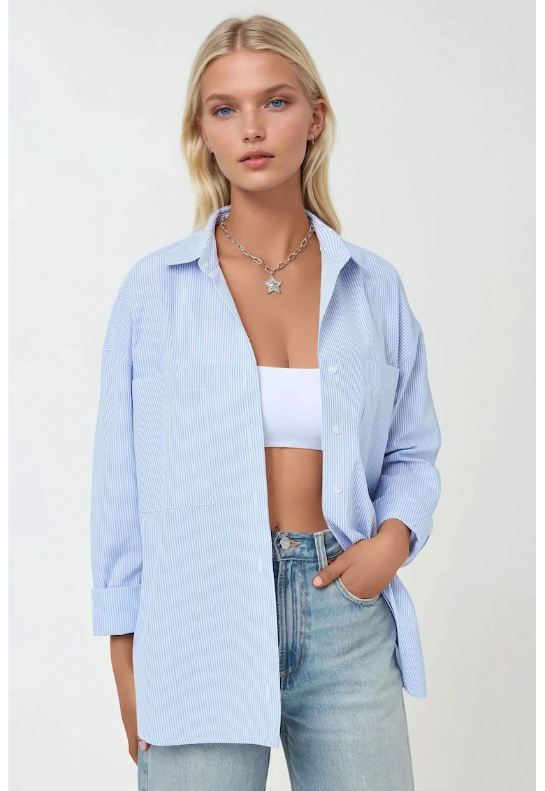 Camasa dama -  textil - cu dungi - albastru/alb