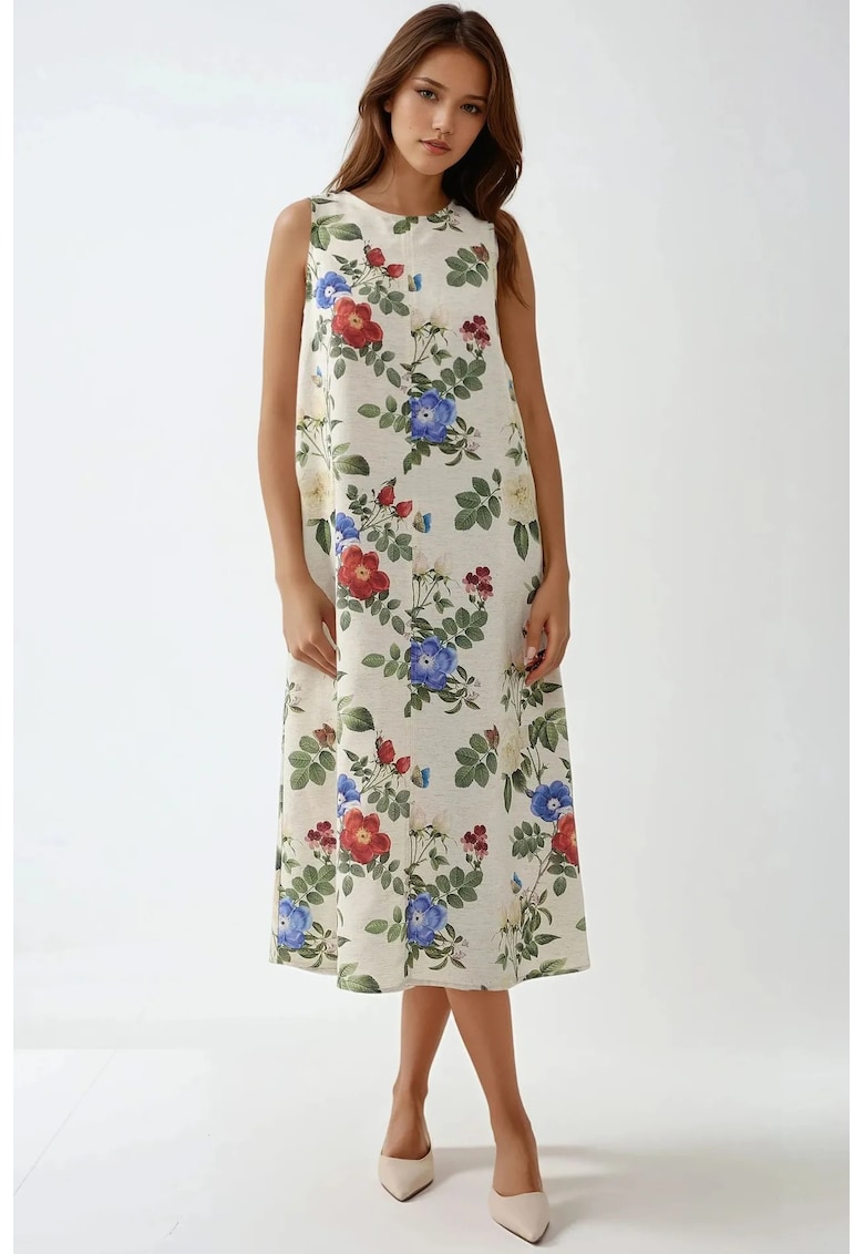 Rochie midi  fara maneci - multicolor - din bumbac si in