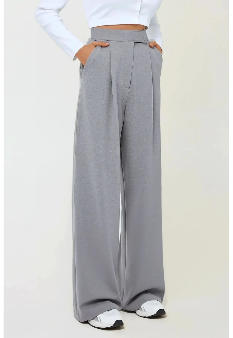 Pantaloni dama -  Palazzo - textil - talie inalta - picioare largi - gri - crep elastic