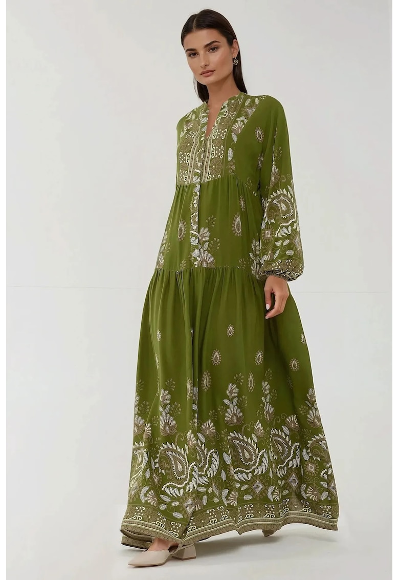 Rochie maxi -  verde/alb - viscoza