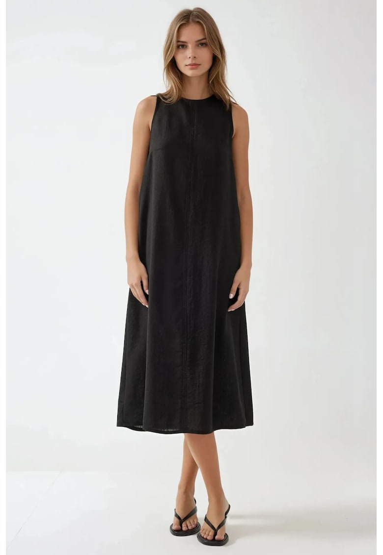 Rochie midi -  fara maneci - guler rotund - neagra - din bumbac amestecat cu in