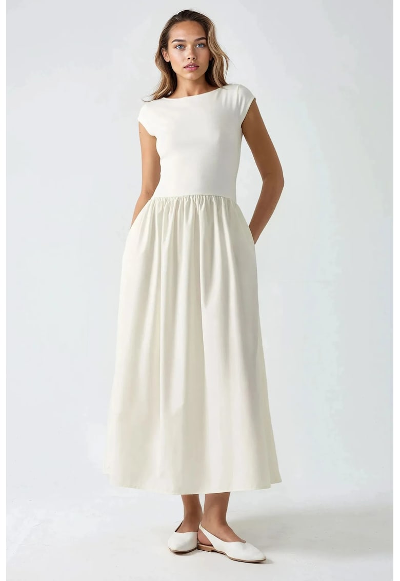 Rochie midi contrastanta -  eleganta - bej - textil