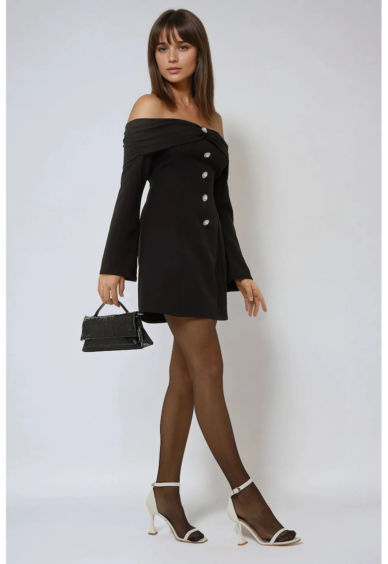 Rochie mini  umeri goi - nasturi - negru - elastan-poliester