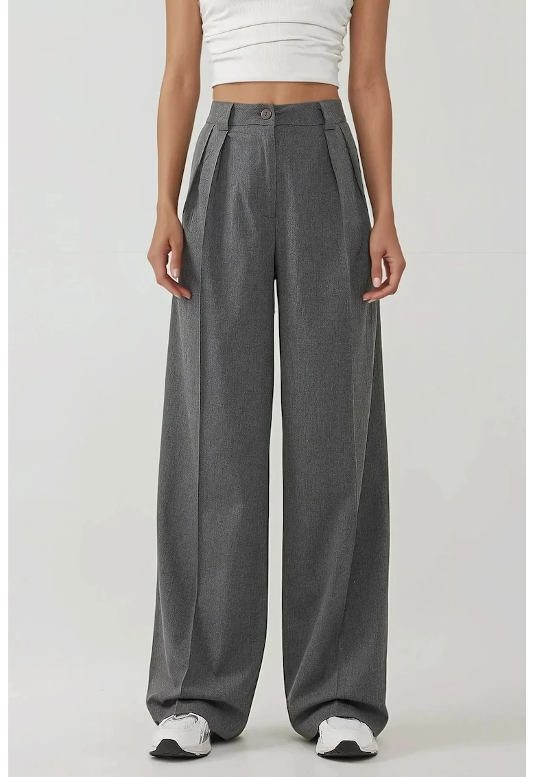 Pantaloni dama -  Palazzo cu talie inalta - croiala larga - gri - textil