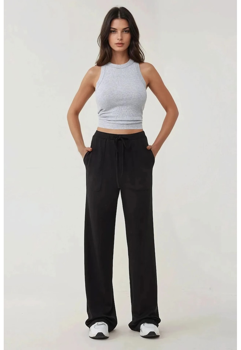 Pantaloni dama -  tricotati texturati - croiala larga - negru - textil