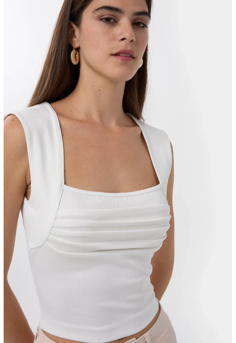 Bluza dama -  decolteu patrat - pliuri - alb - poliester