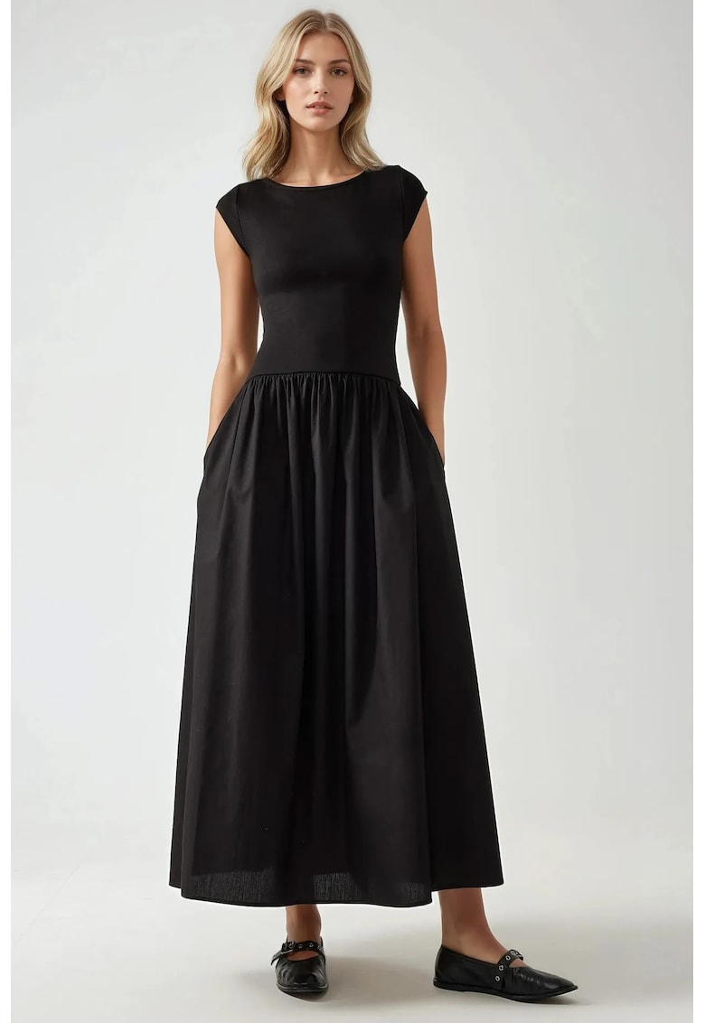 Rochie maxi -  decolteu tip barca - croiala in forma de A - neagra - textil