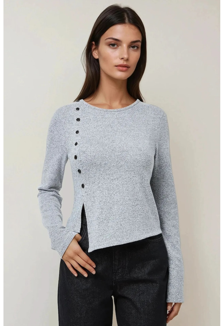 Top dama -  texturat - maneca lunga - gri - bumbac