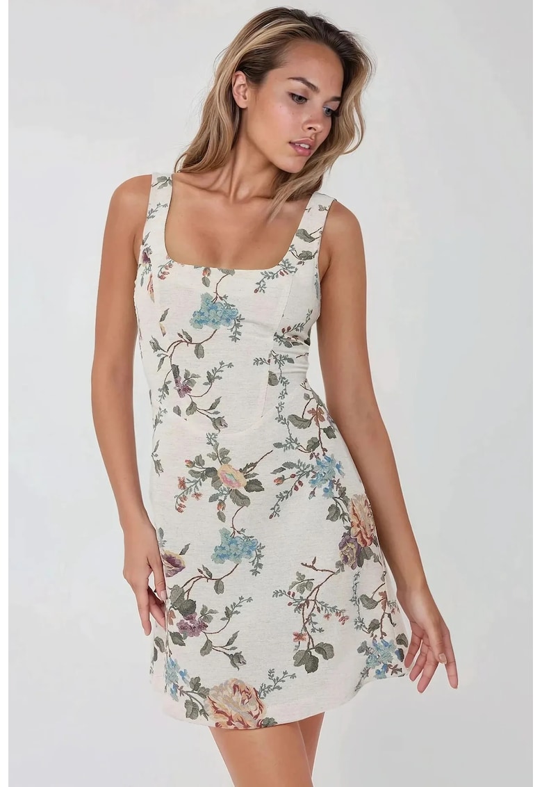 Rochie mini  floral - decolteu patrat - alb - textil