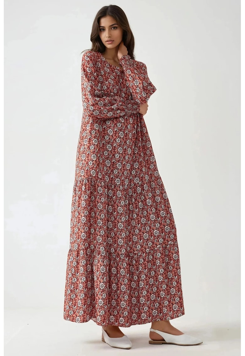 Rochie maxi  imprimeu - guler rotund - rosu - viscoza