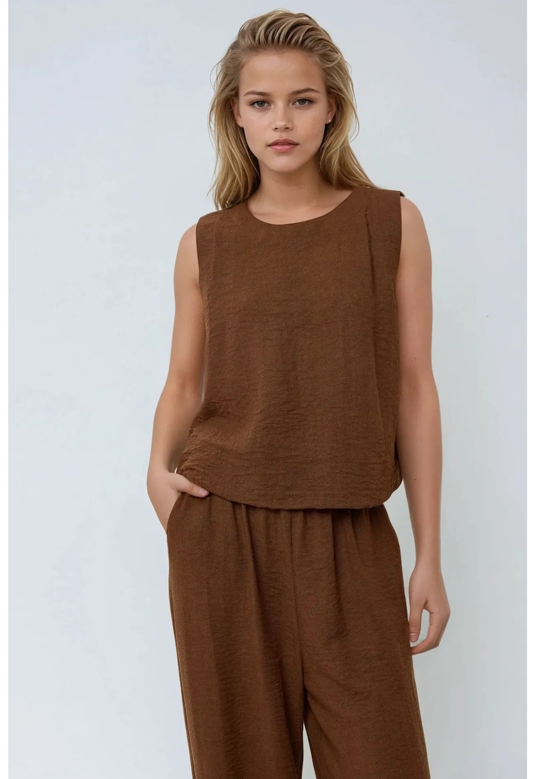 Compleu dama -  bluza si pantaloni largi - maro - poliester