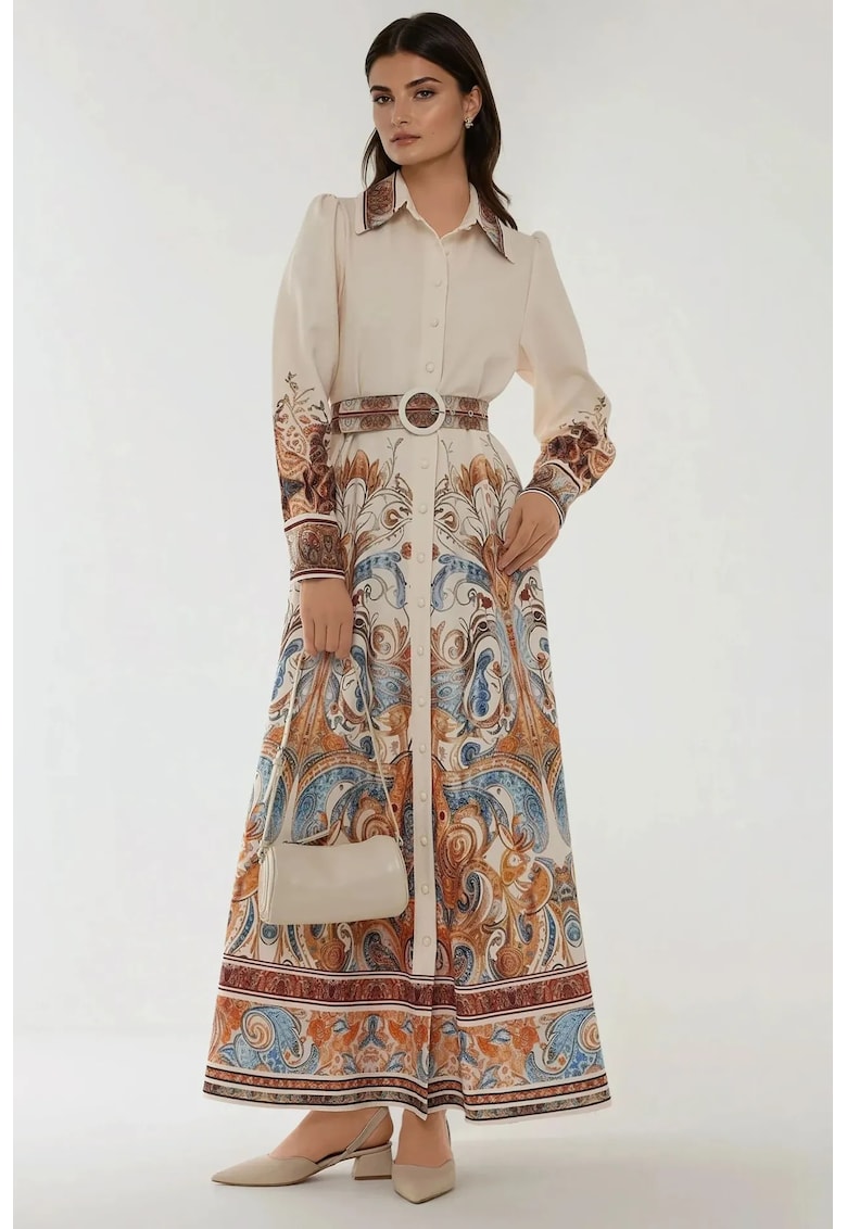 Rochie maxi  maneca lunga - imprimeu - textil