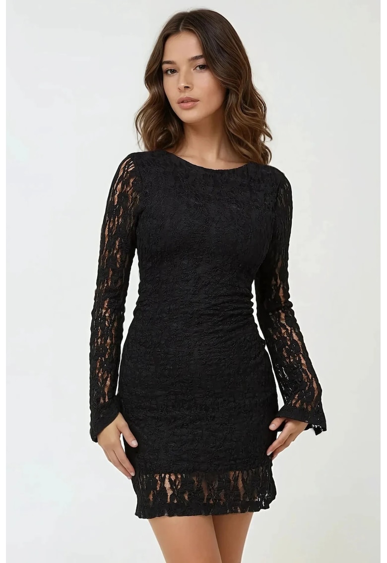 Rochie mini mulata  din dantela - neagra - cu maneci lungi - din poliester si elastan