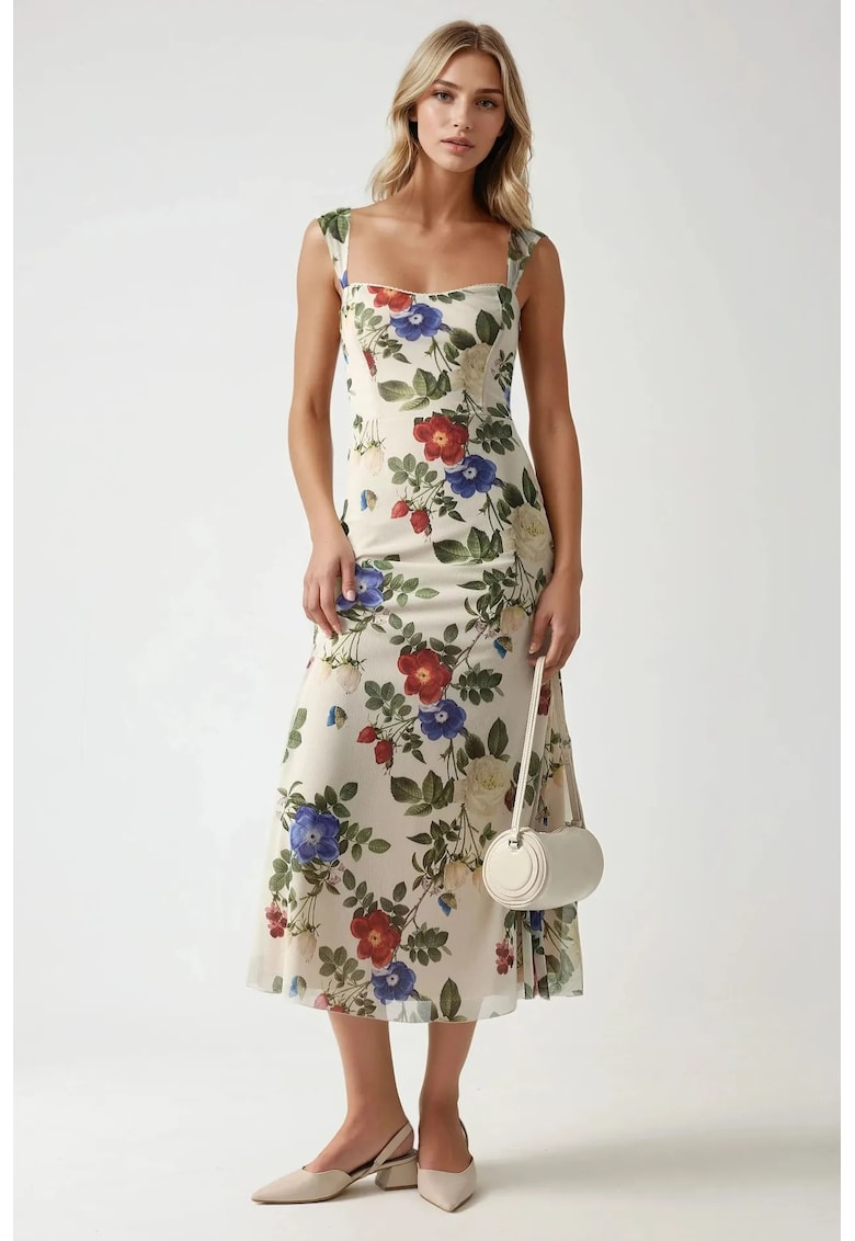 Rochie maxi -  imprimeu - guler inima - bej - tul