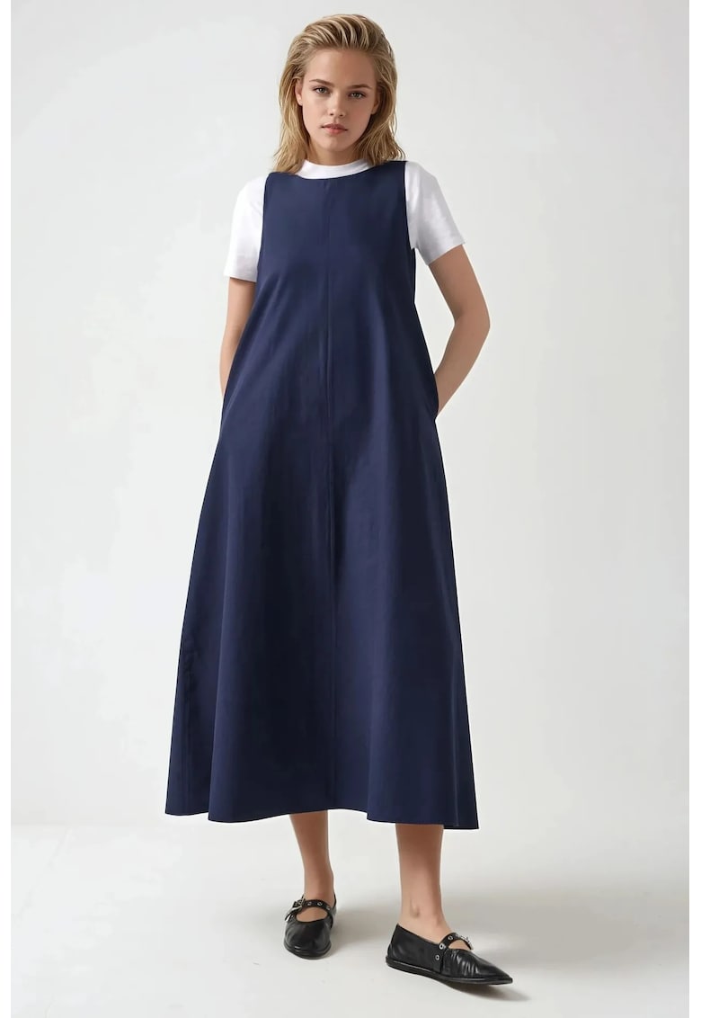 Rochie maxi -  in forma de A - fara maneci - guler rotund - albastra - textil