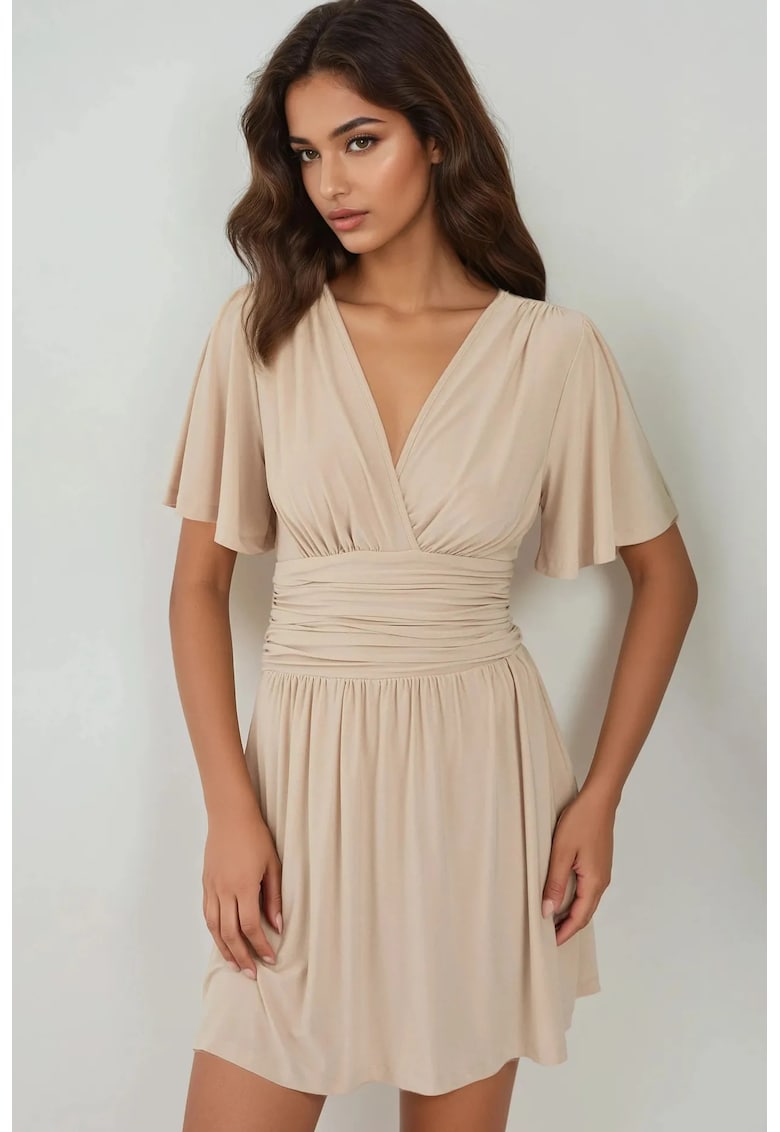 Rochie mini  decolteu in V - maneci scurte - bej - jerseu
