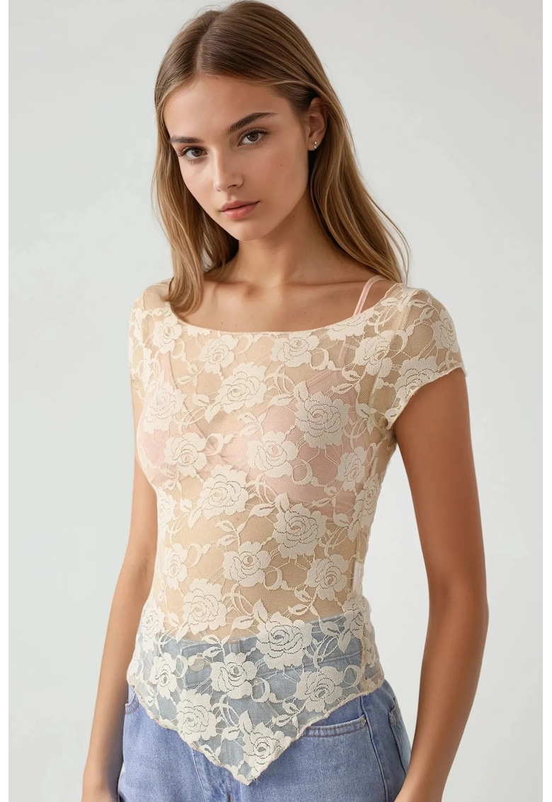 Top scurt dama -  dantela florala - slim fit - bej - jerseu