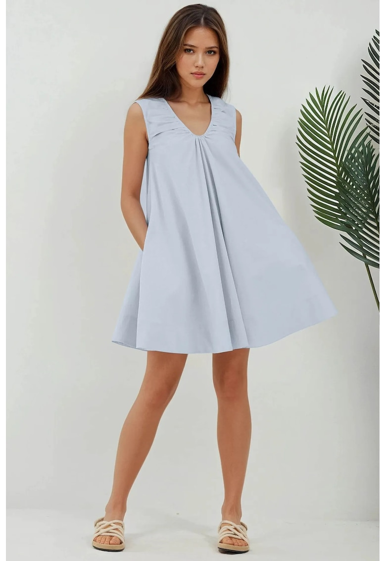 Rochie mini -  guler in U - albastra - textil