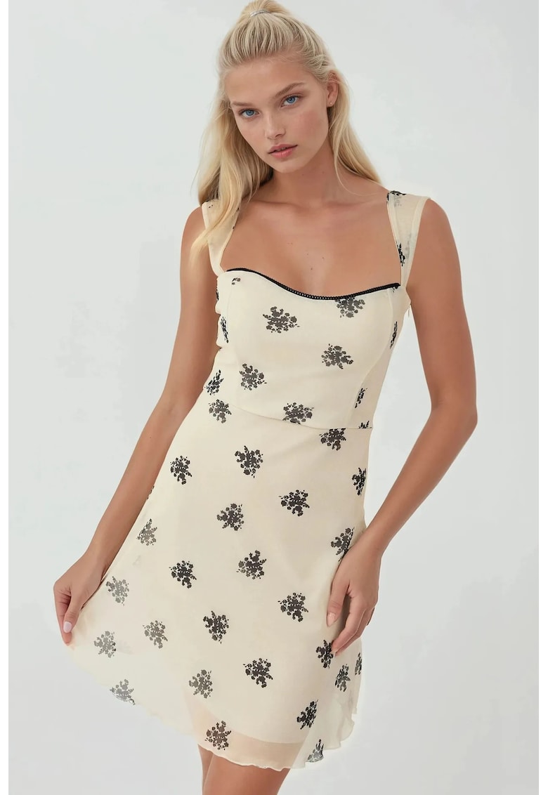 Rochie mini -  tul cu imprimeu - guler inima - alb