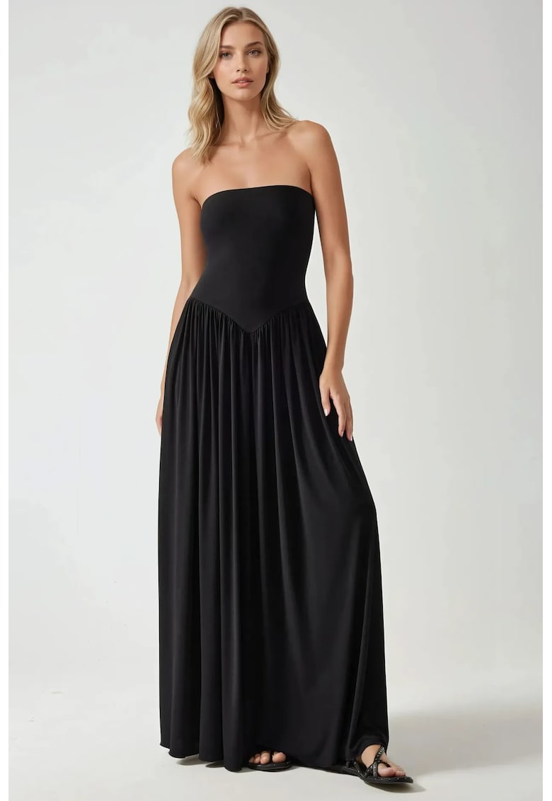 Rochie maxi  fara bretele - neagra - jerseu - cu buzunare ascunse