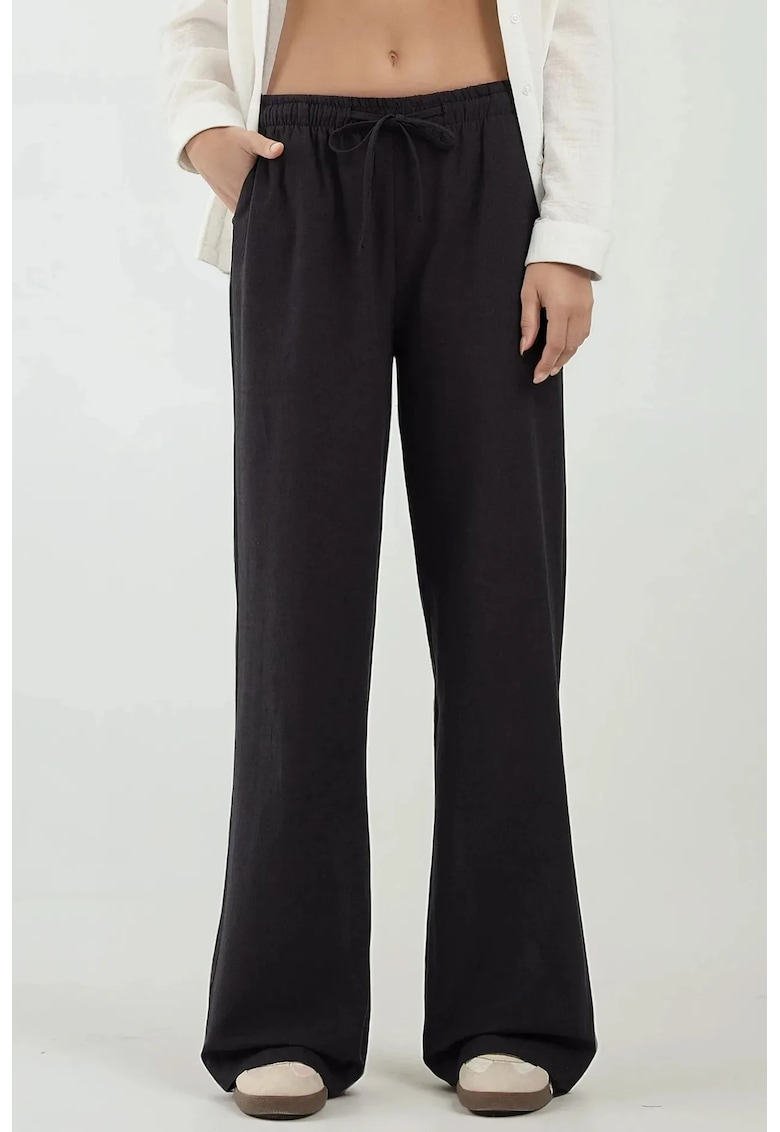 Pantaloni dama -  cu talie elastica - croiala larga - negru - textil