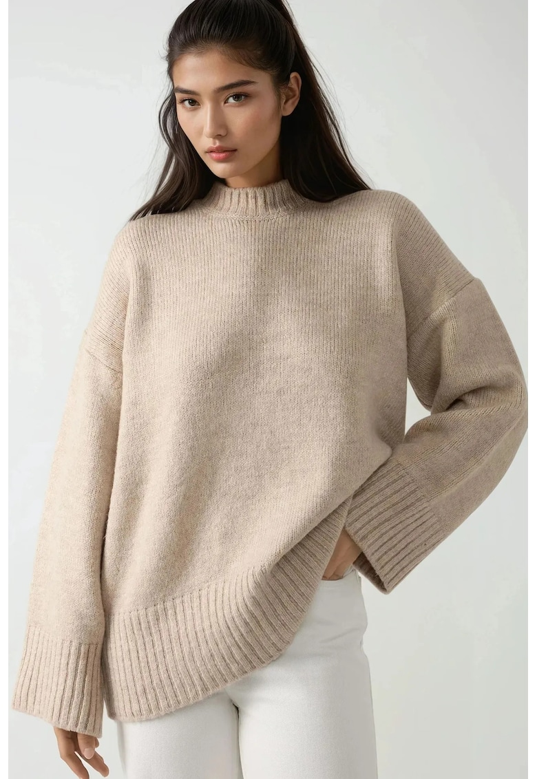 Pulover dama -  tricotat gros - guler rotund - tricot - natural -