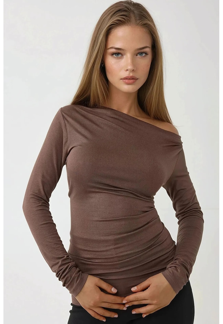 Top dama -  slim fit - guler asimetric - maneca lunga - maro - jerseu