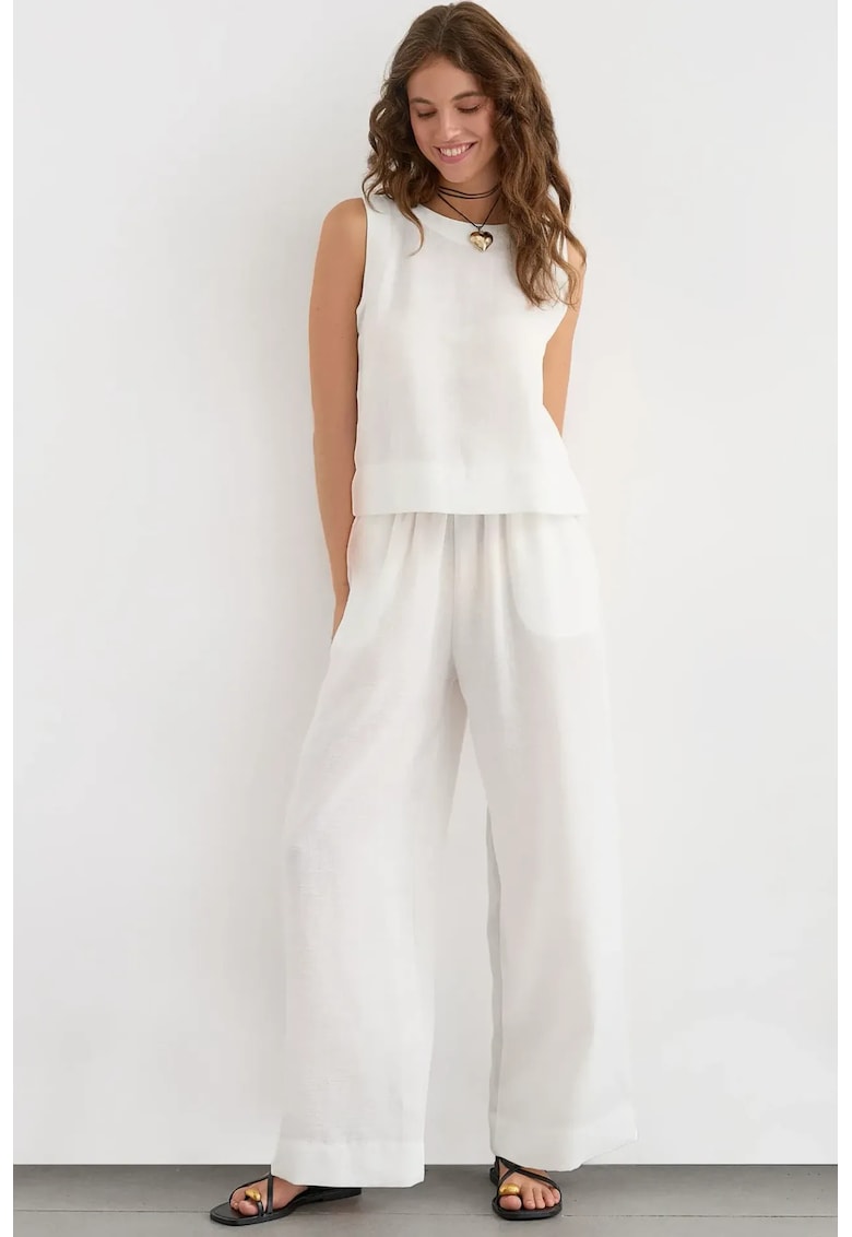 Compleu dama -  bluza si pantaloni largi - alb - poliester