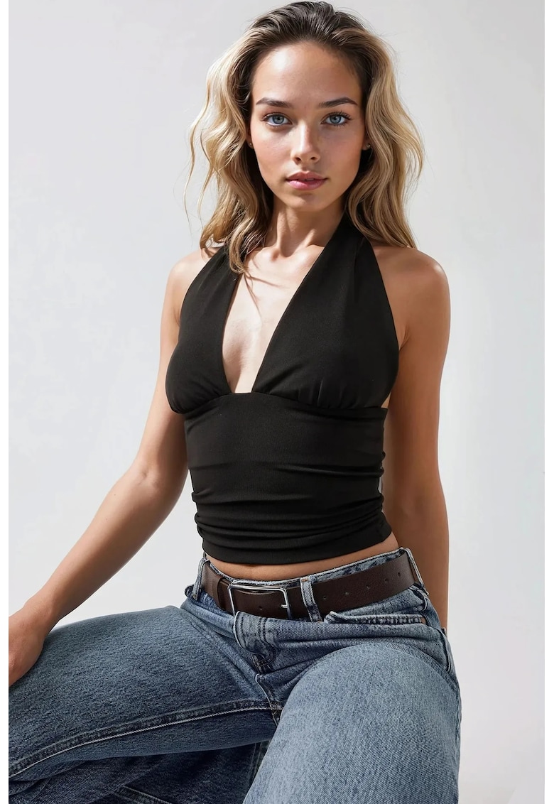 Top dama -  tricotat slim fit - decolteu in V - negru - jerseu