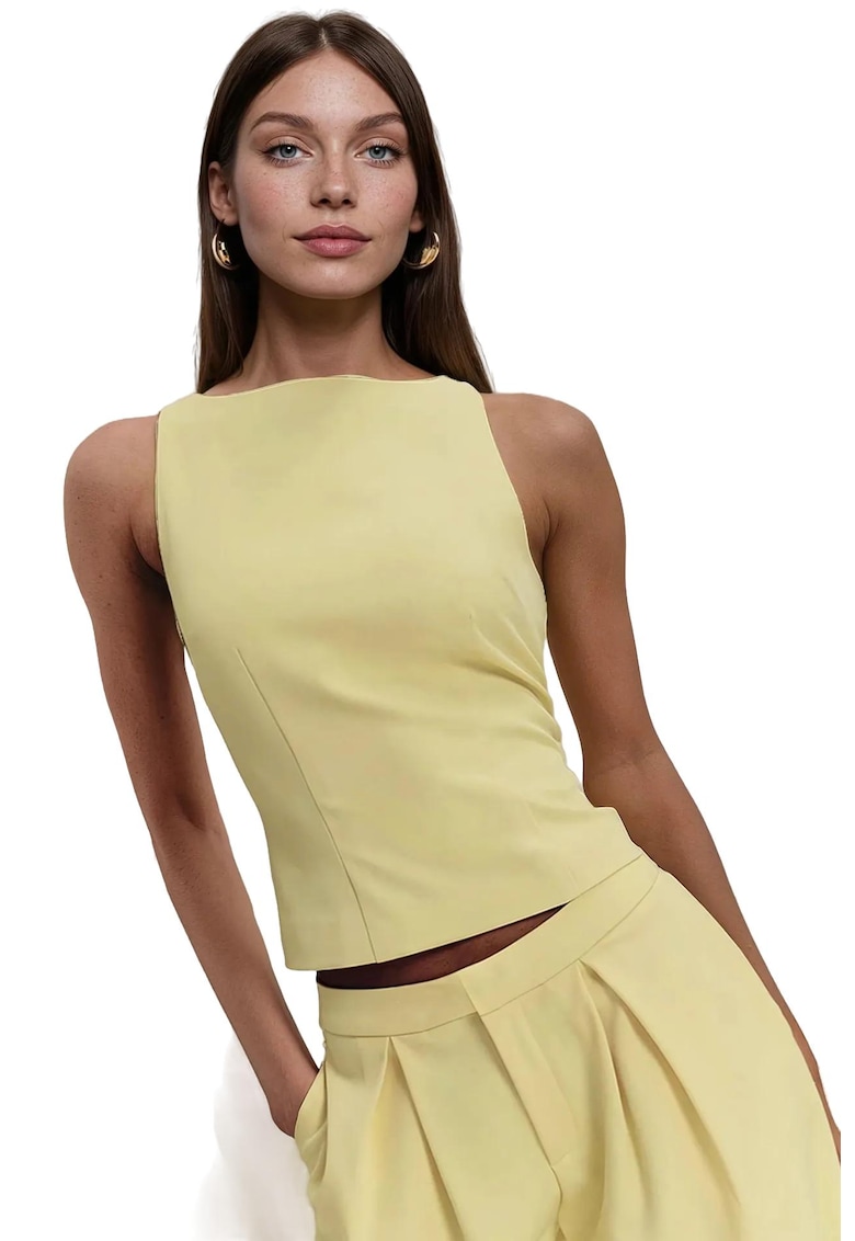 Top  fara maneci - guler rotund - galben - textil