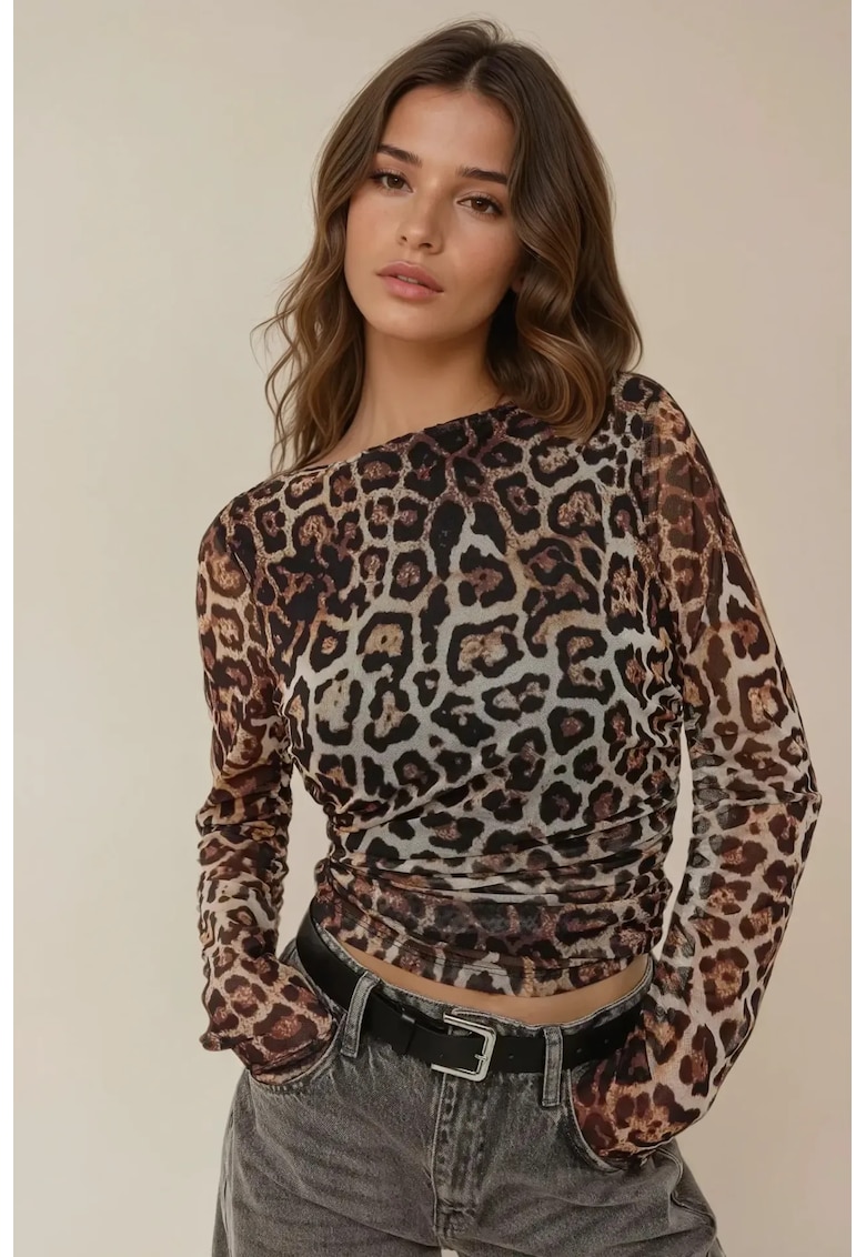 Top dama -  imprimeu leopard - decolteu tip barca - volane - multicolor - poliester