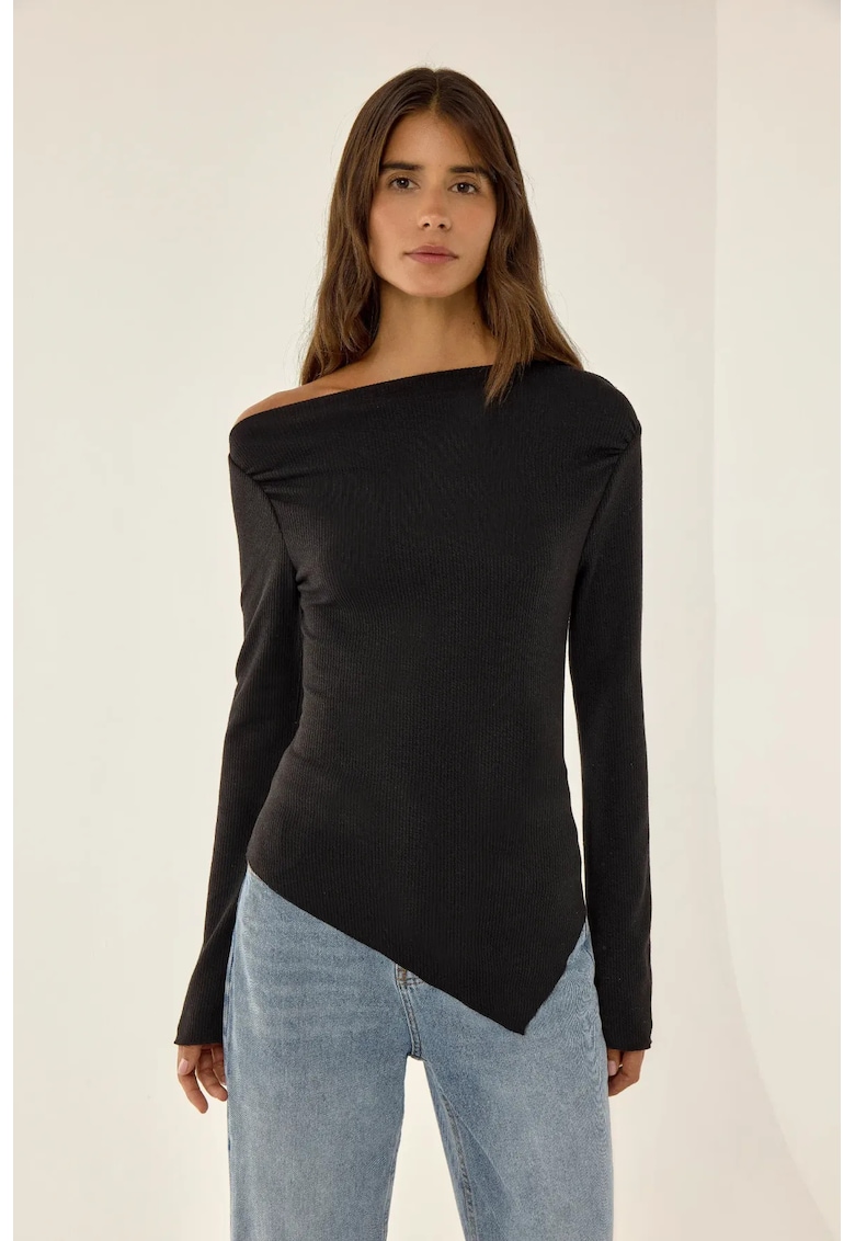 Top dama -  asimetric - cu nervuri - negru - jerseu