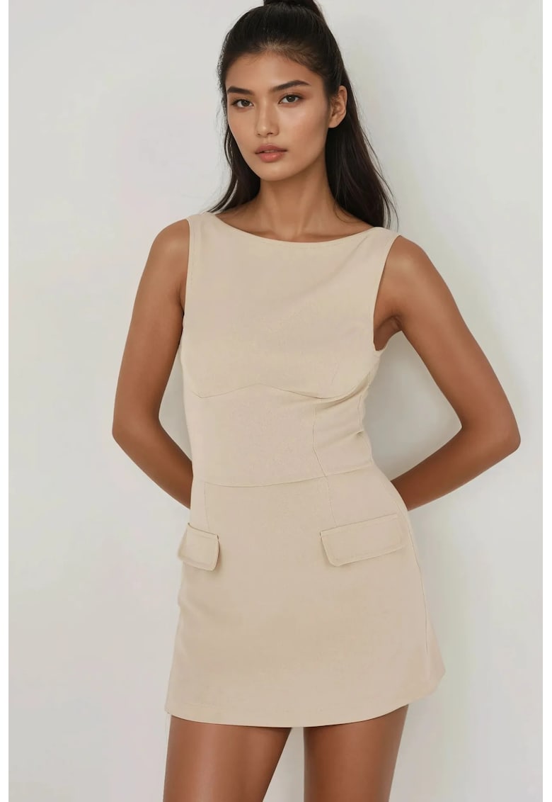 Rochie mini mulata cu pantaloni scurti -  bej - material textil