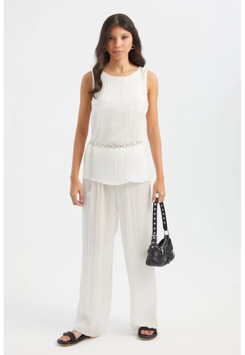 Bluza dama -  plisata - decolteu rotund - curea - alb - textil
