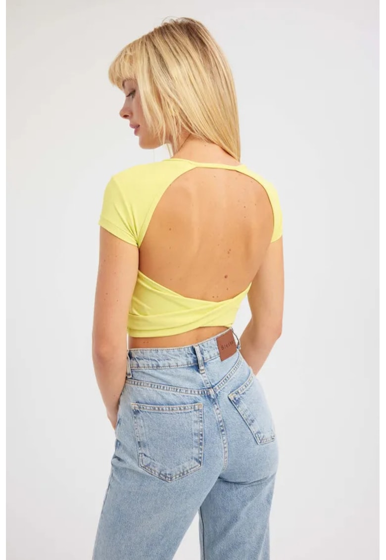 Top scurt dama -  guler rotund - spate incrucisat - galben - textil