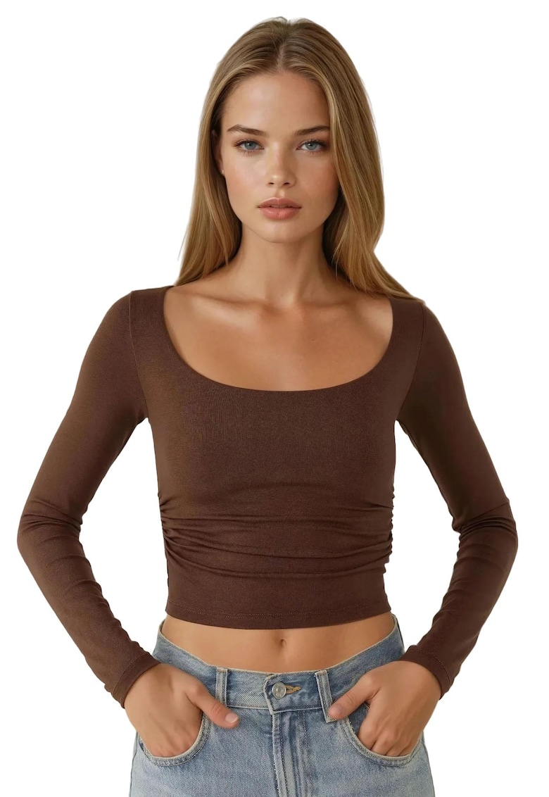 Bluza dama -  slim fit - guler rotund - scurta - maro - viscoza