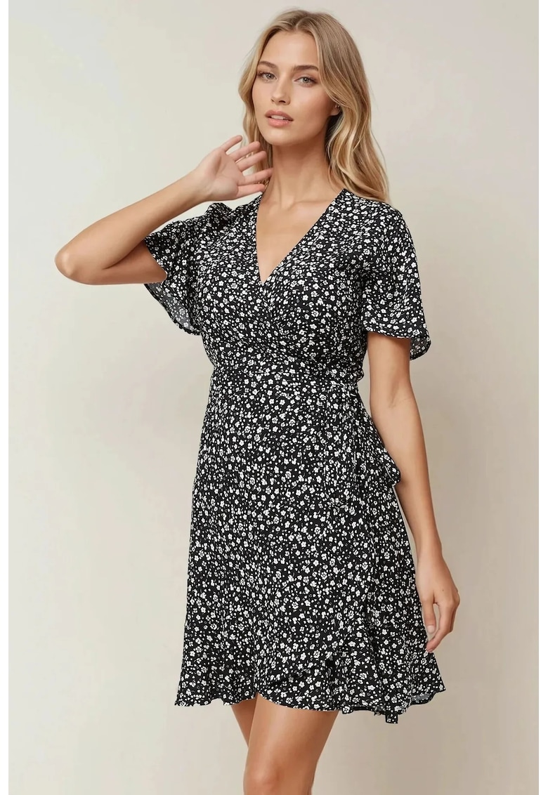 Rochie mini -  decolteu in V - negru - jerseu