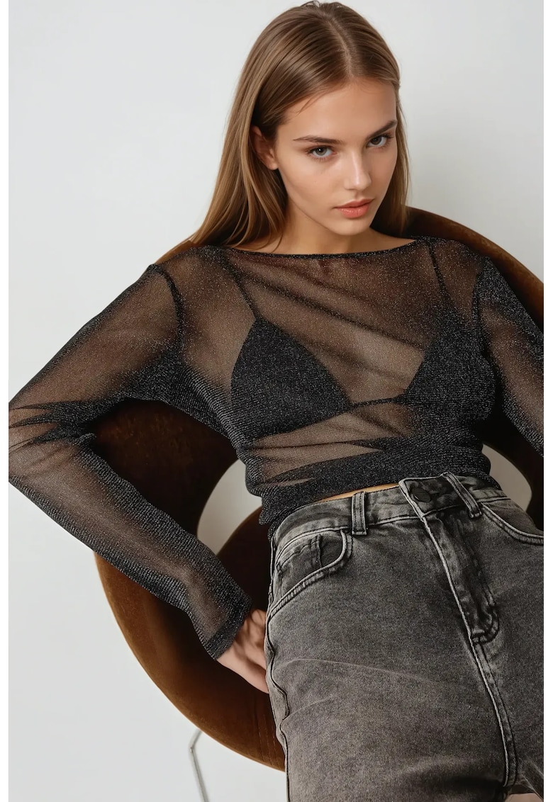 Bluza transparenta cu maneci lungi  slim fit - neagra - Negru