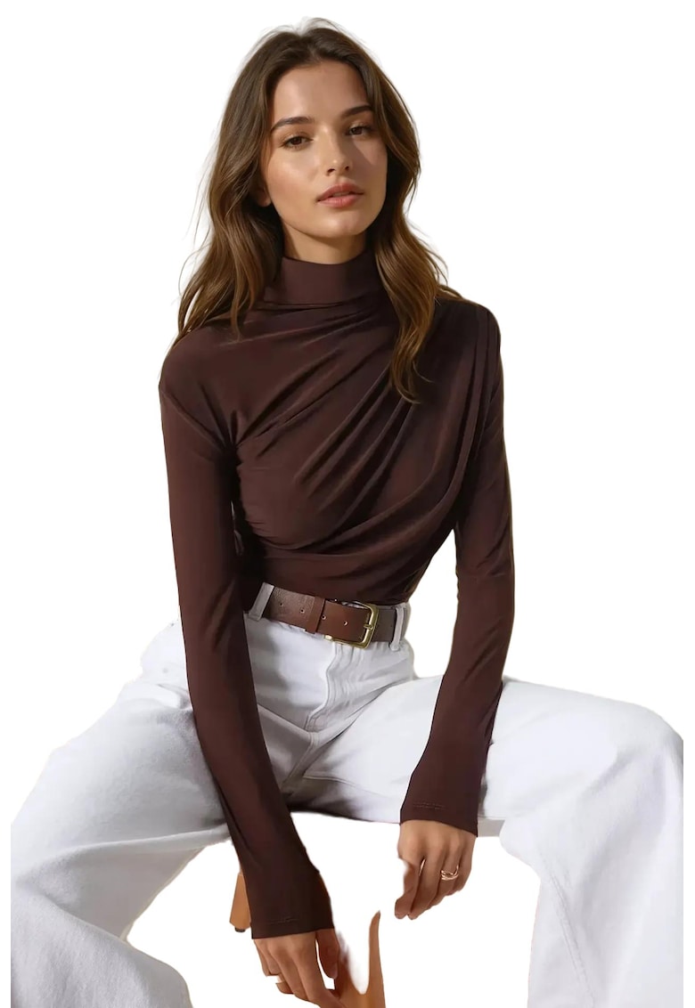 Bluza dama -  guler inalt - detaliu drapat - maro - poliester