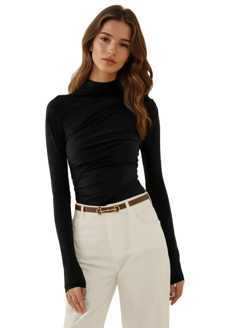 Bluza dama -  guler inalt - detaliu drapat - negru - poliester
