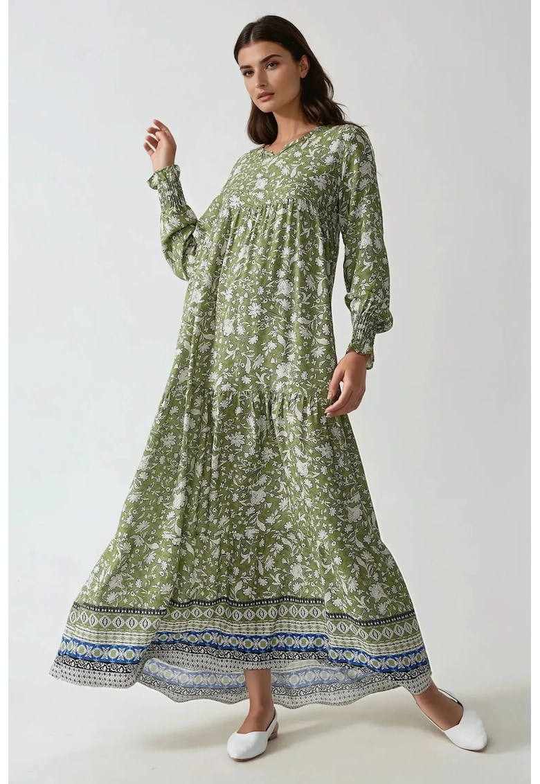 Rochie maxi -  viscoza imprimata - guler rotund - verde
