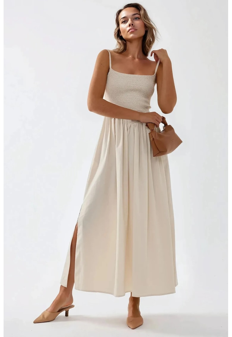 Rochie maxi -  forma de A - decolteu patrat - bej - textil