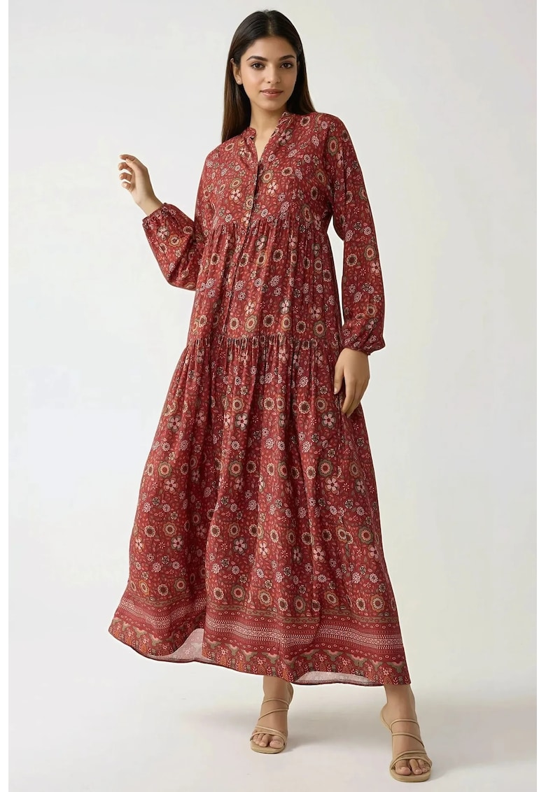 Rochie maxi -  imprimeu - decolteu in V - rosu - textil