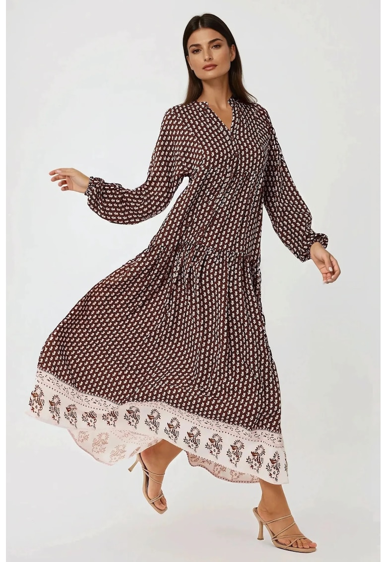 Rochie maxi -  imprimeu - decolteu in V - maro - textil