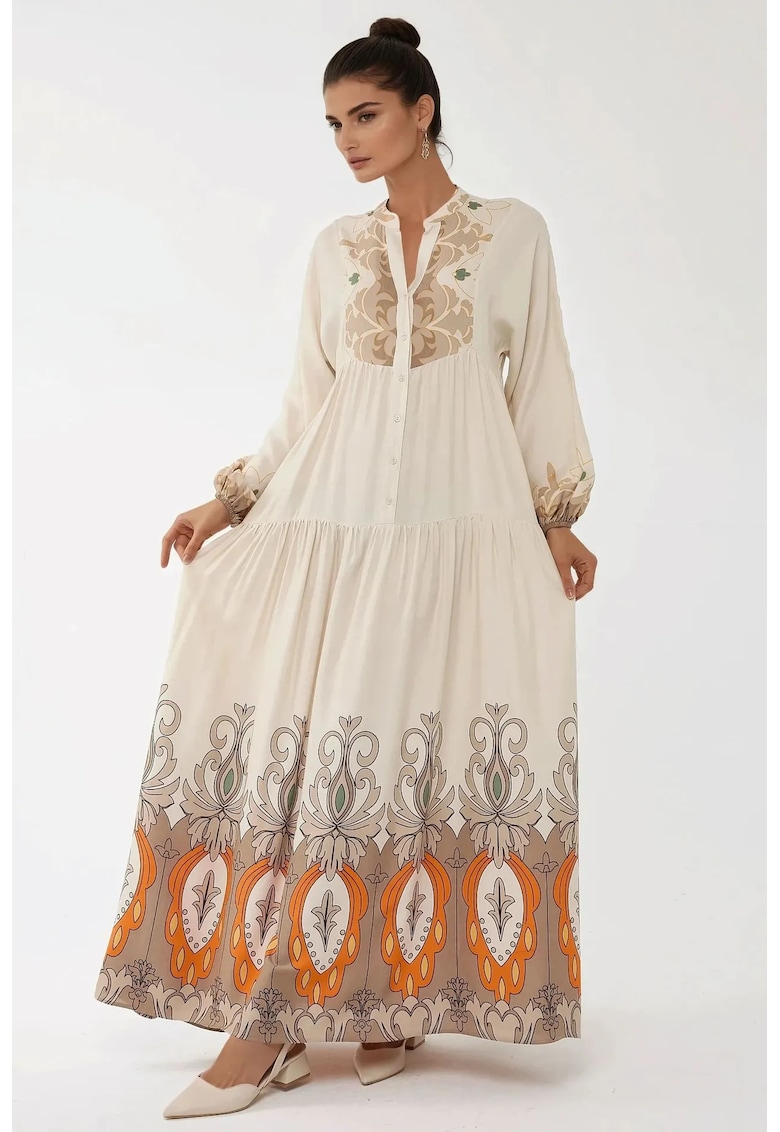 Rochie maxi -  maneca lunga - bej - textil