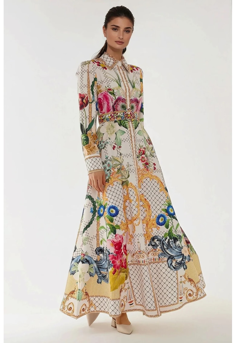 Rochie maxi -  maneca lunga - imprimeu - multicolor - textil
