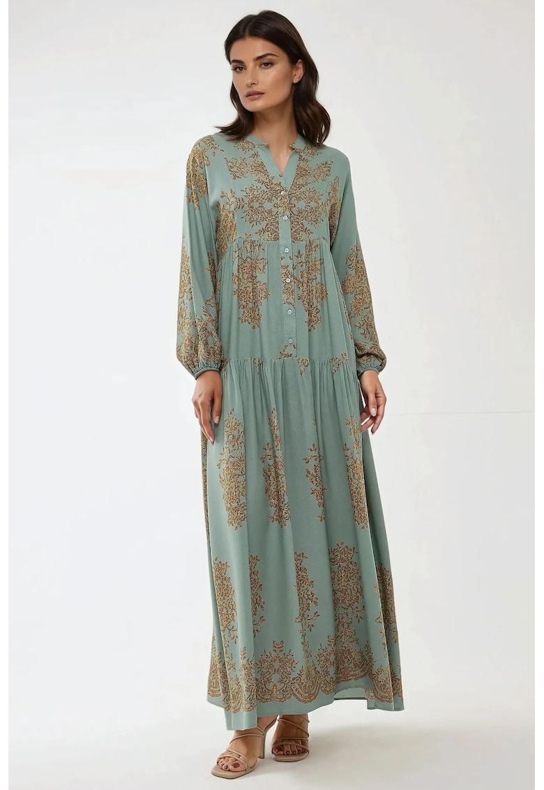 Rochie maxi -  viscon imprimat - guler camasa - verde - textil