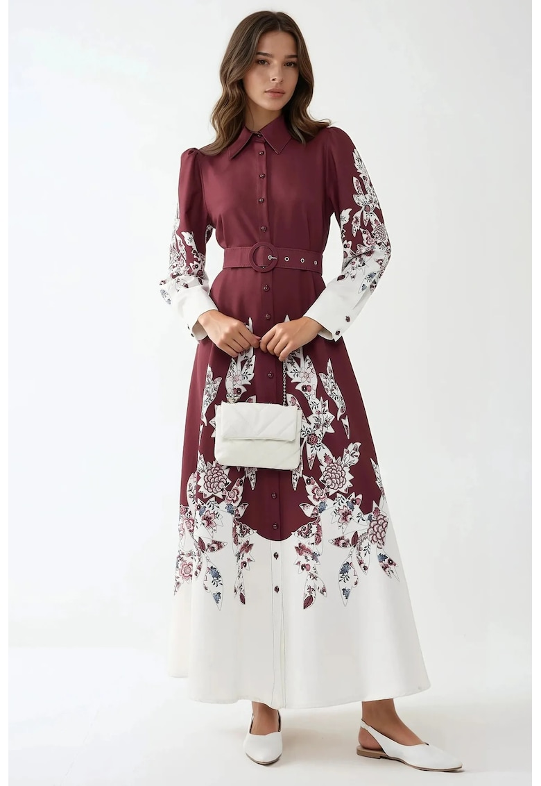 Rochie maxi  maneca lunga - imprimeu - rosu - textil