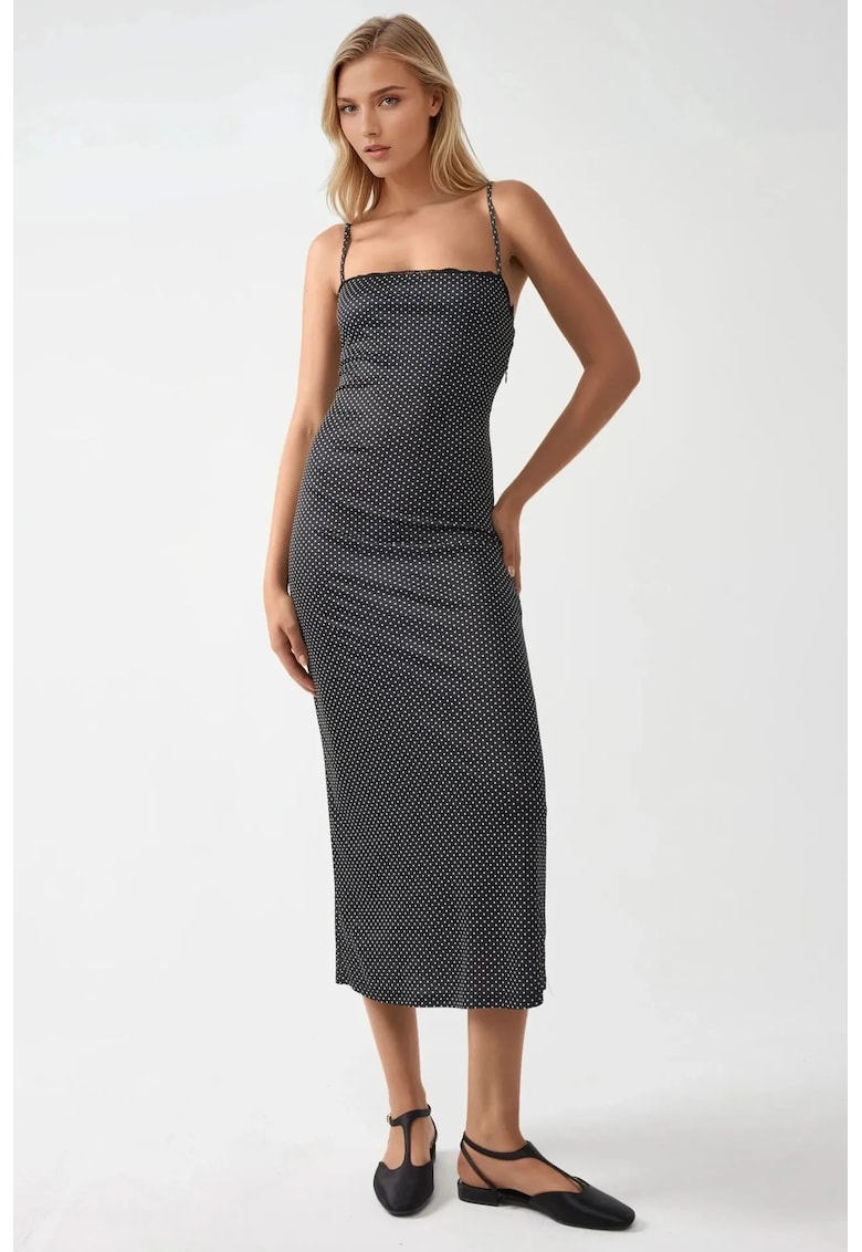 Rochie maxi  guler patrat - detalii din dantela - neagra - jerseu