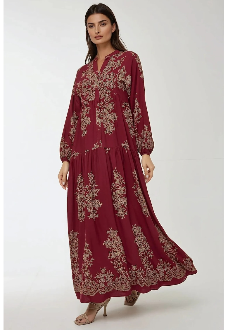 Rochie maxi -  maneca lunga - imprimeu - rosu - viscoza